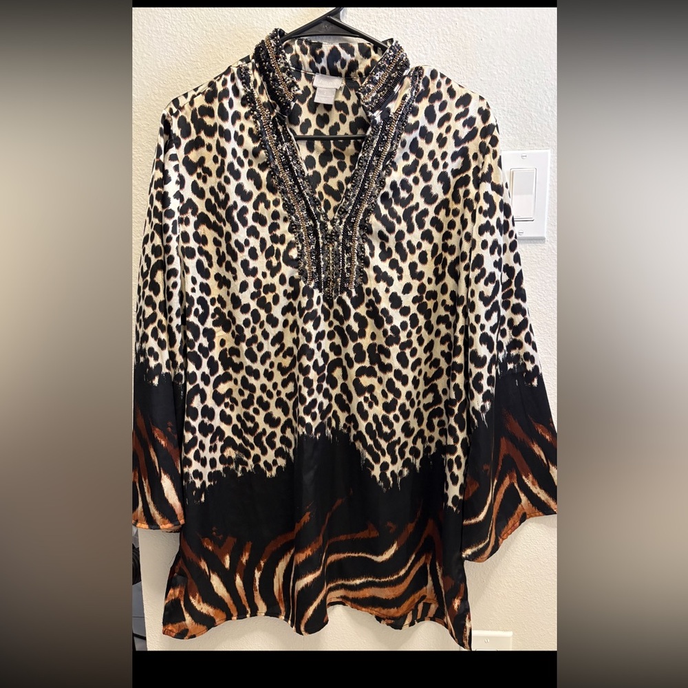 CHICOS Embellished Animal Print Kurta Top Tunic Leopard Beaded size US L 12